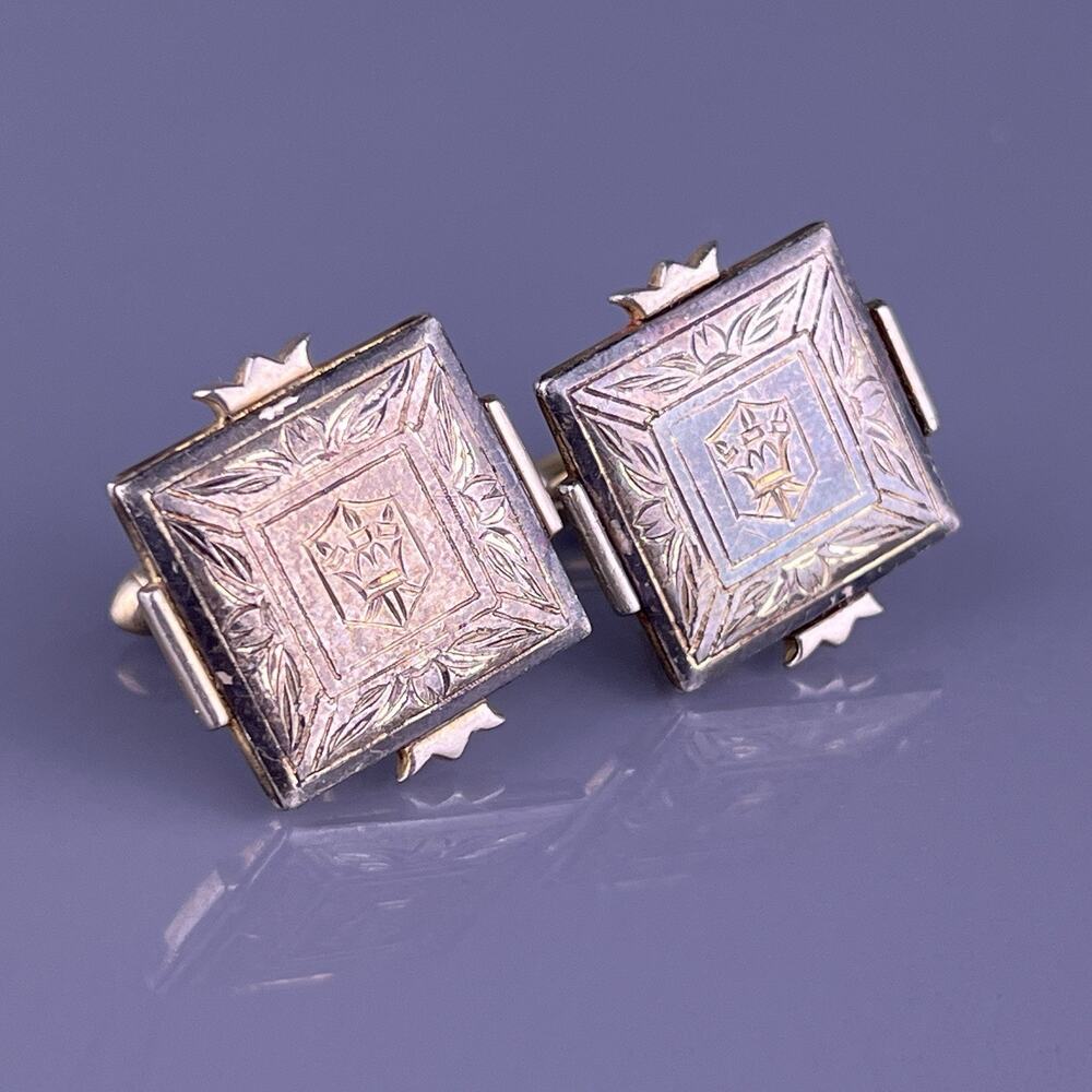 Shield Crown Three Swords Cufflinks Silver Patina Carved Vintage Square Heraldry